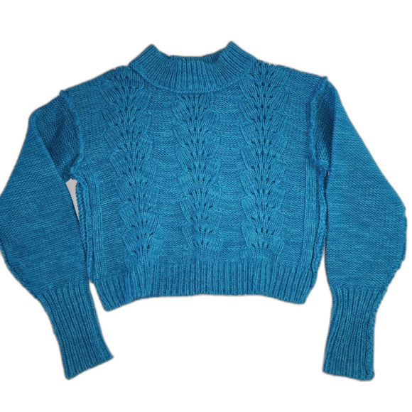 Free People Bell Song Pullover Cropped Teal Cable Knit Sweater Sz XS - Picture 1 of 9